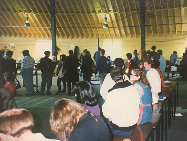 Students waiting in line outside of Woodsworth College in 1988.