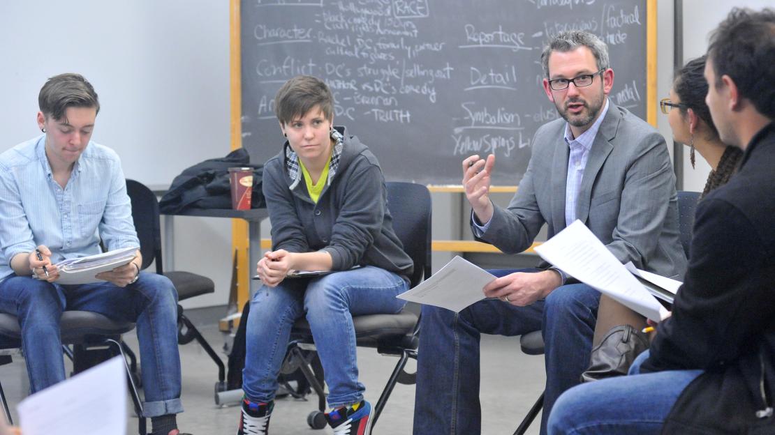 Andrew Westoll sharing with creative writing group at U of T Scarborough. (Photo by Ken Jones)