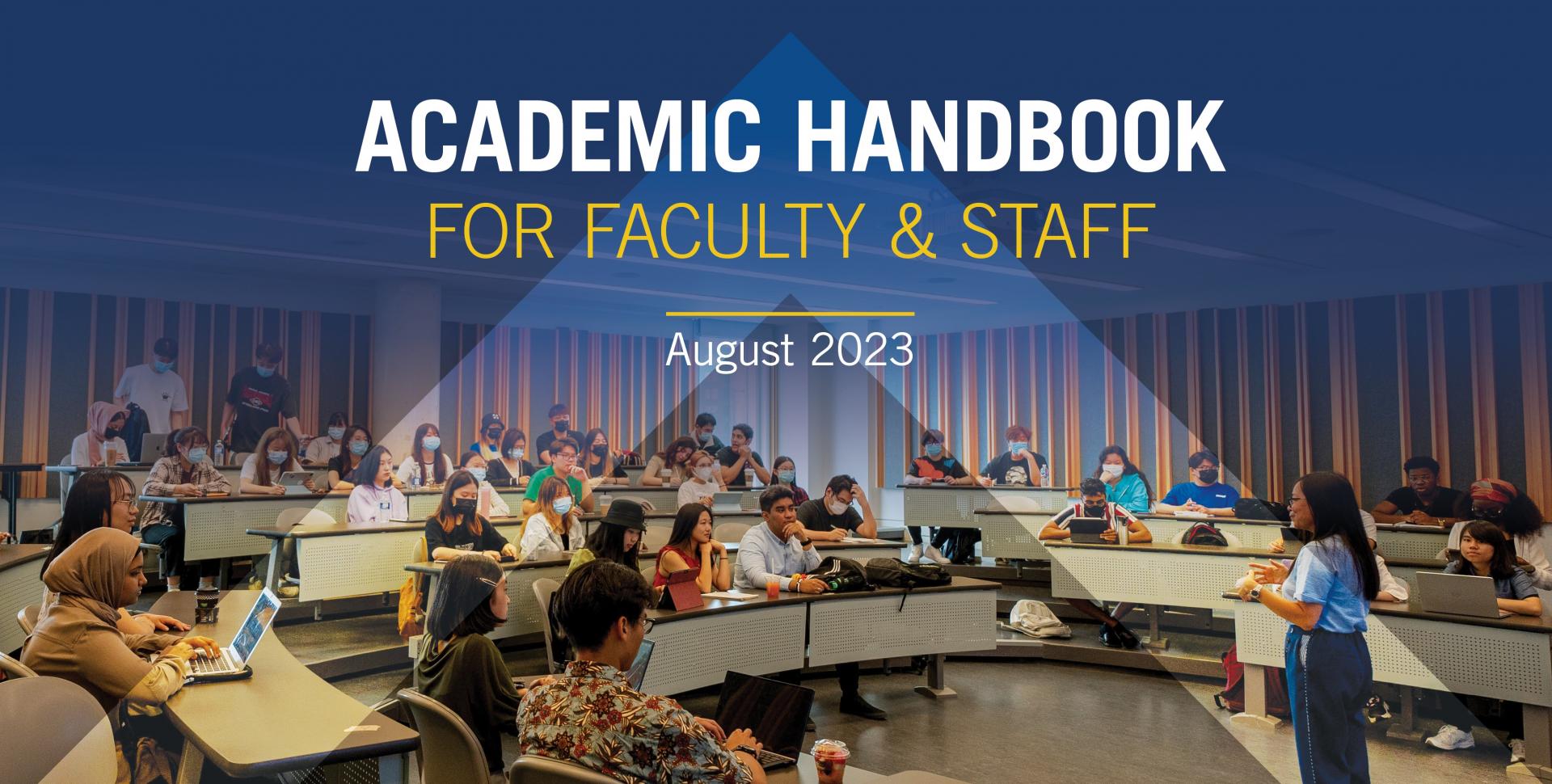 A cover image for the Academic Handbook, featuring a person lecturing to a group of students in a UTSC classroom.