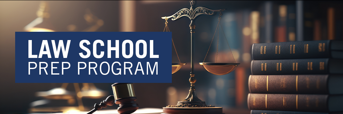 Law School Prep Program title in blue box, layered over image of gavel, scales, and books in background
