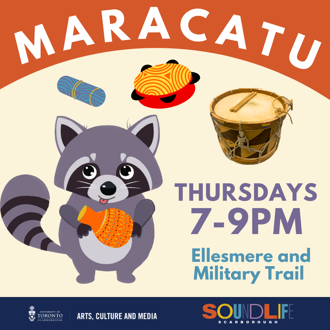 Graphic of the Maracatu session. On top with the title in white text over an orange arch. Below with a cartoon raccoon mascot holding an orange shekere. On the left side with the date, time and location of the sessions.