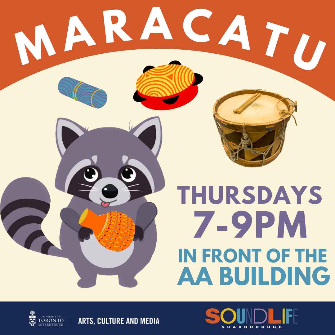 Graphic of the Maracatu session. On top with the title in white text over an orange arch. Below with a cartoon raccoon mascot holding an orange shekere. On the left side with the date, time and location of the sessions.