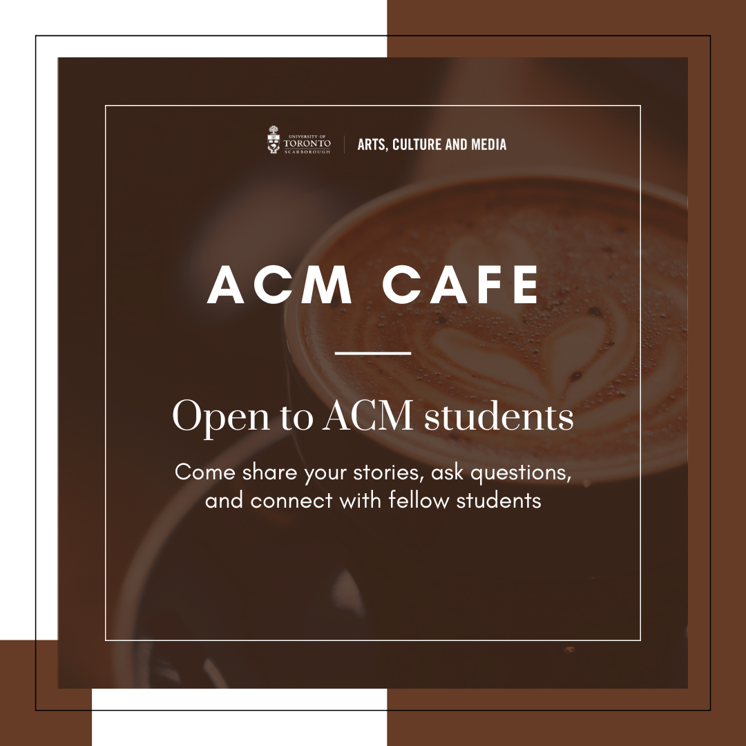 Brown background and a cup of coffee with the title of ACM Cafe