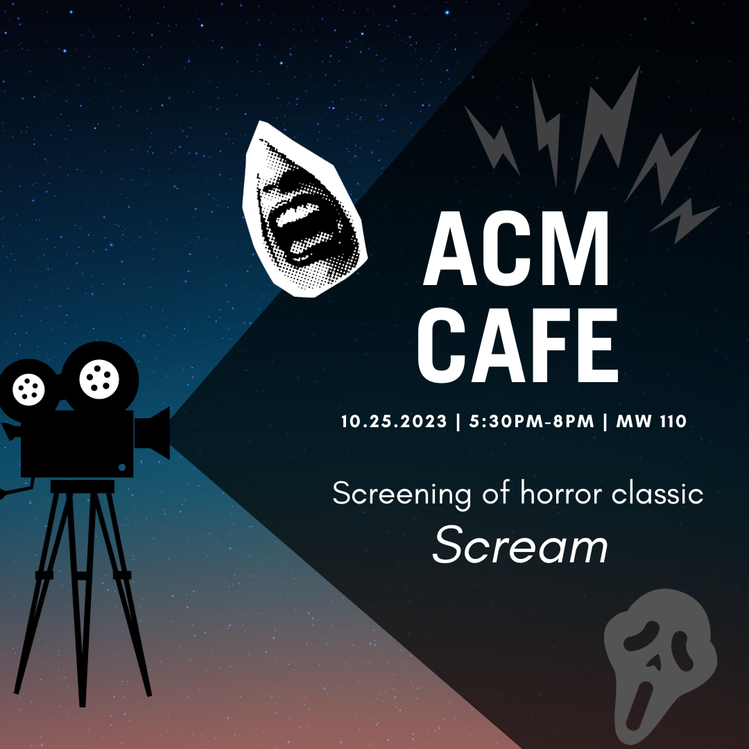 A night background with an old school projector casting the detail of the event. The icon of Scream in the bottom and a cutout of a black and white screaming face. 