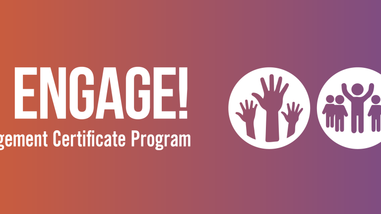 orange and purple gradient with white text ACM ENGAGE! Student Engagement Certificate Program. Icon of three hands, 5 peers in a white circle, and a figure touching hands to another figure holding a flag, all in white icons.