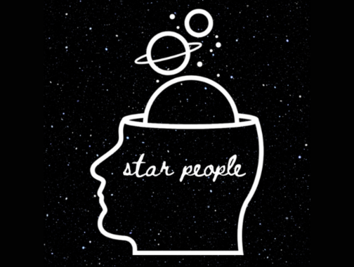 A floating outline of head with planets coming out of the top of the skull with the title Star People on the side of the face