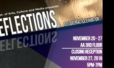 Invitation to the Studio Practice exhibition titled Reflections from Nov 20th to the 27th on the 3rd floor of the AA building. Reception  on Nov 27 from 5 to 7 pm.