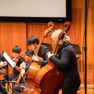 The bass violin performers playing in the String Orchestra ensemble