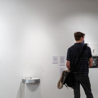 A student viewing artworks on the gallery wall.