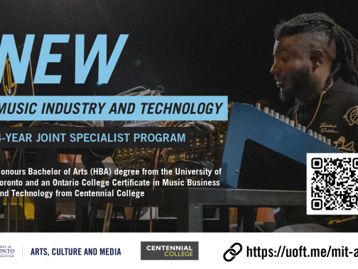 Blue text NEW Music Industry and Technology 4-year Joint Specialist program with an image of a student in front of the Sound System Control Panel