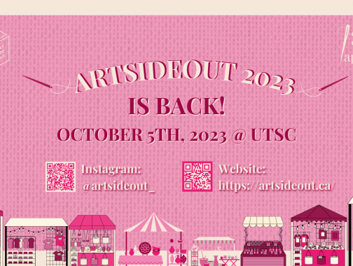 pink theme with text "Artsideout is back, October 5 at UTSC"
