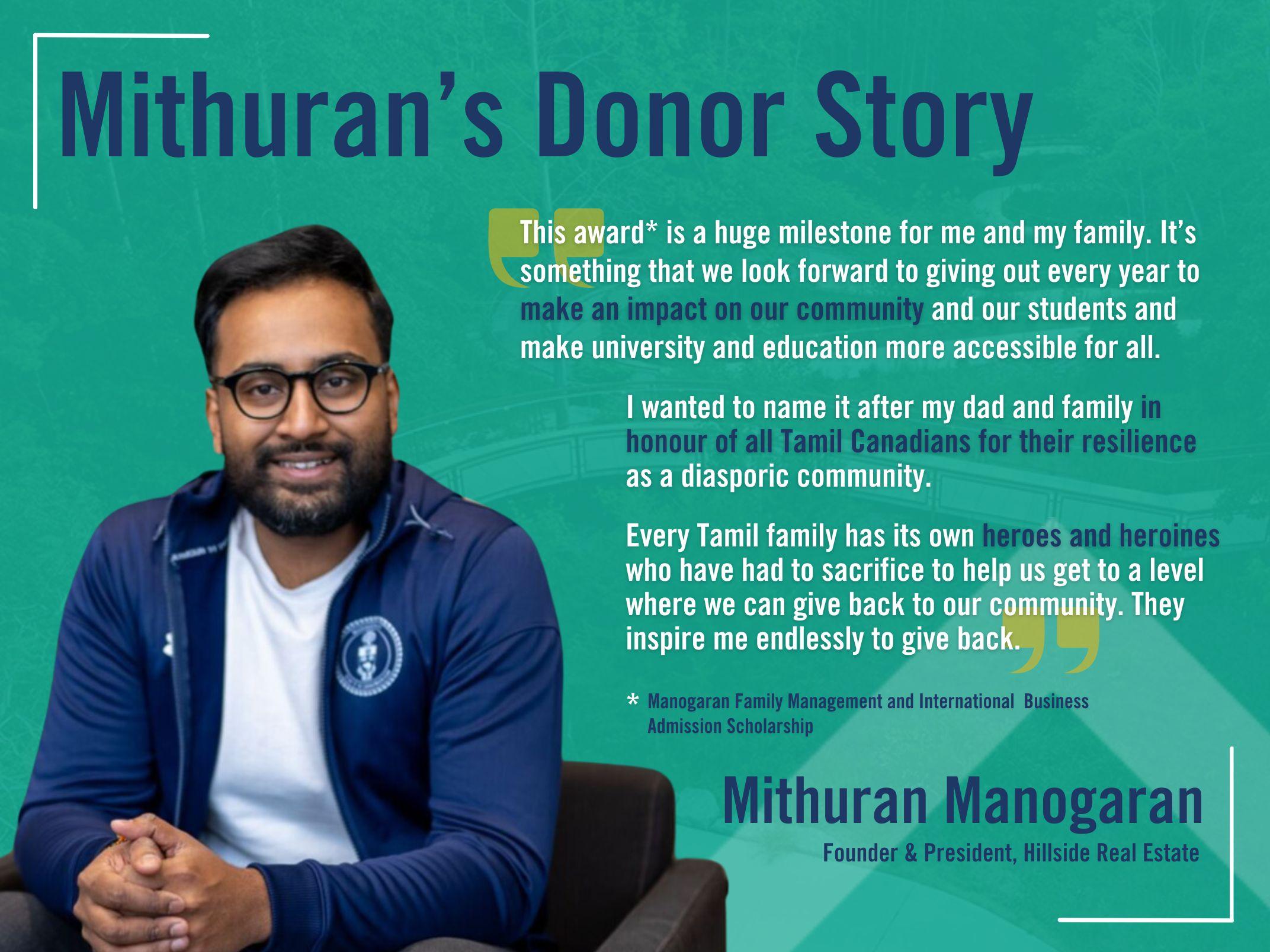 Mithuran sitting on the left, with an excerpt of his donor testimonial on the right. 
