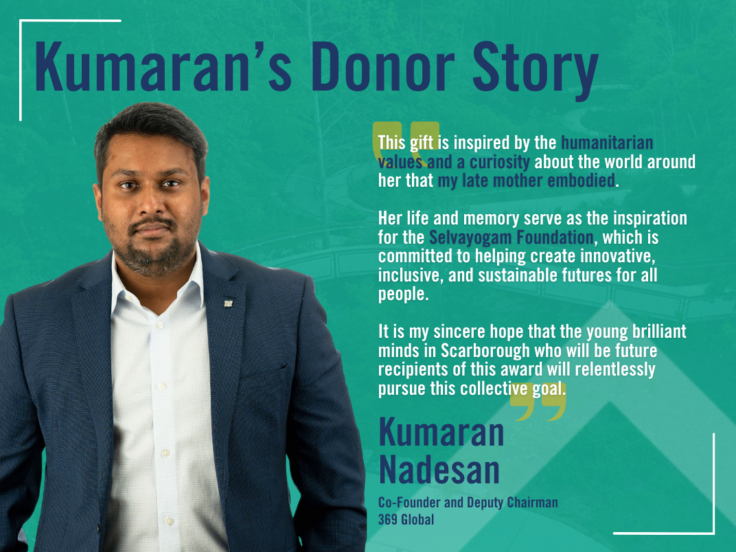 Kumaran's headshot along with a testimonial about how his mother's memory motivated him to create the student award.