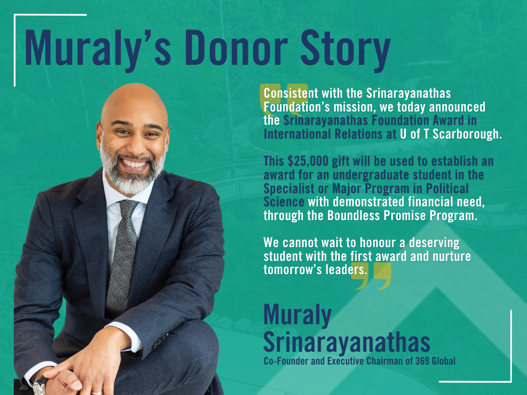 Muraly's headshot with his donor testimonial about creating a $25,000 gift for a undergrad majoring or specializing in political science to uphold the values of Srinarayanathas Foundation