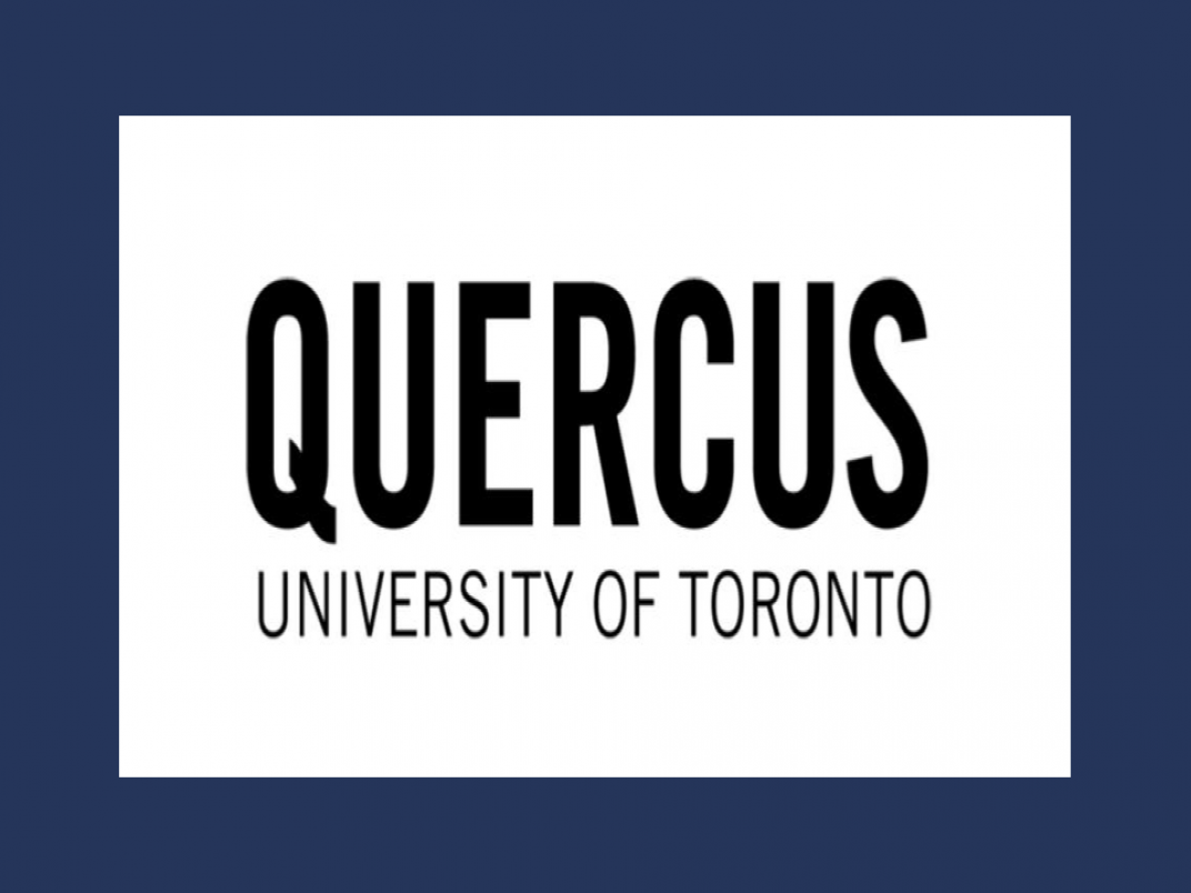 Quercus University of Toronto logo is centred in bold upper case letters on a white background, framed with a navy blue border.