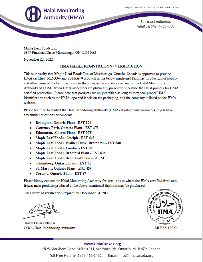 HMA Halal Registration Letter