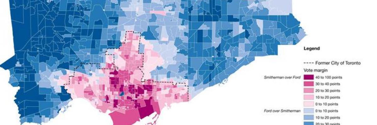 Toronto map showing voter distribution between Ford and Smitherman