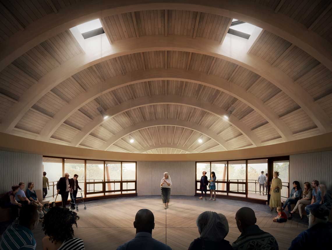 Rendering of large gathering place at Indigenous House