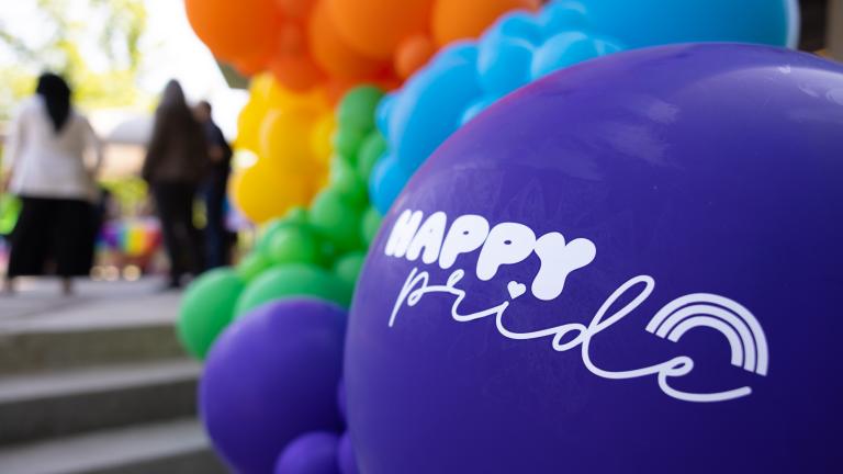 Balloon rainbow with a purple balloon in the foreground that says "happy pride"