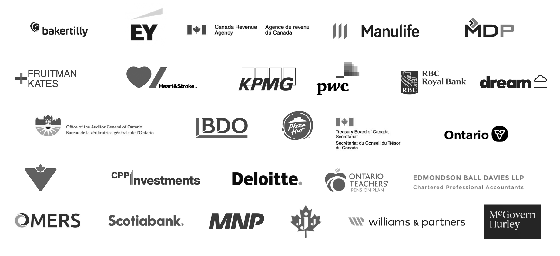 Graphic depicting employer logos including EY, KPMG, Deloitte, Manulife, MNP, Scotiabank, Ontario Government, OMERS, PwC, and more.