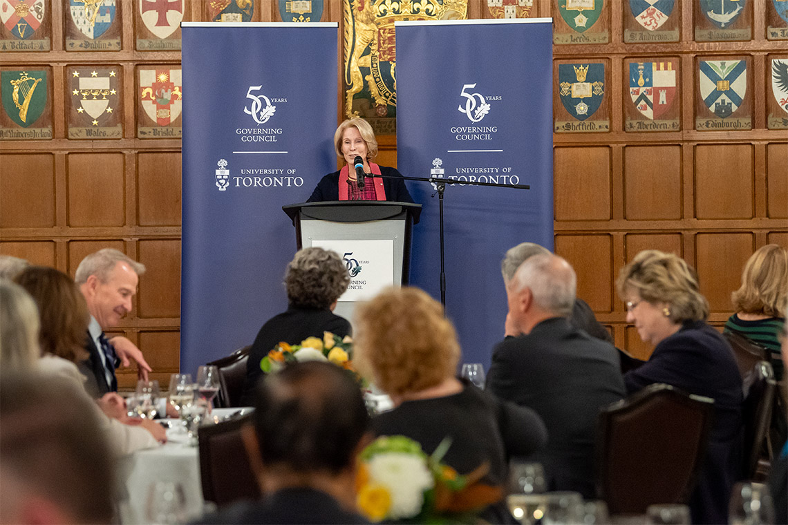 U of T Chancellor Rose Patten speaks at a recent event celebrating 50 years of Governing Council (photo by Lisa Sakulensky)