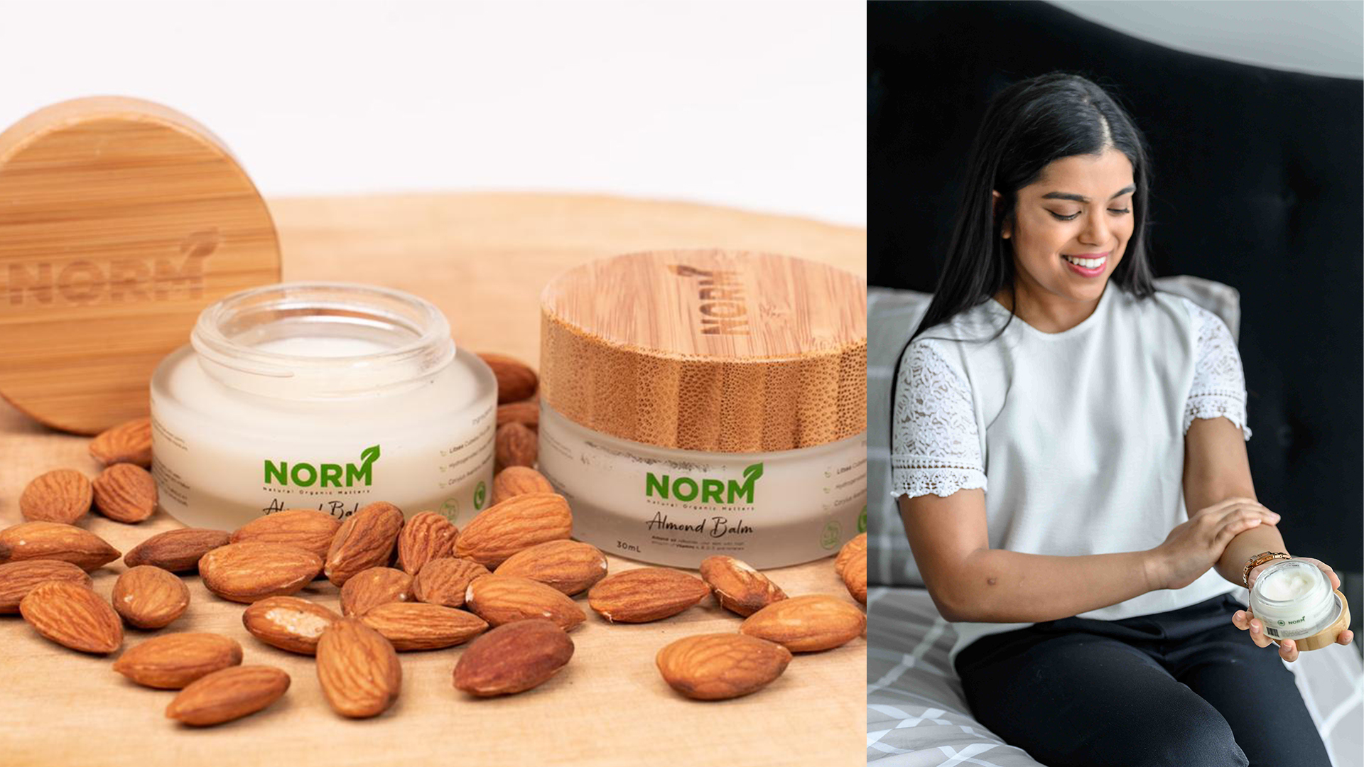 Natural Organic Matters (NORM) organic almond body butter and a person using it for dry skin