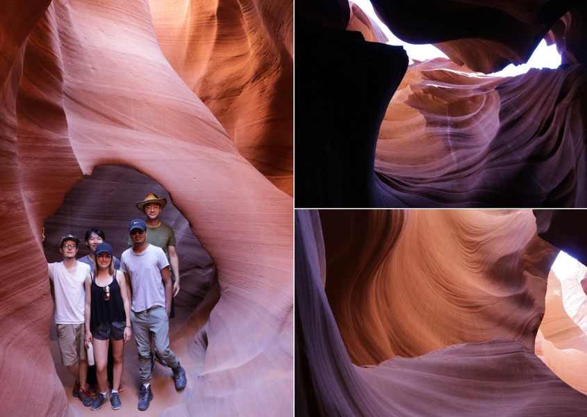 three photos of students at antelope canyon, featuring smooth red and orange rock formations.