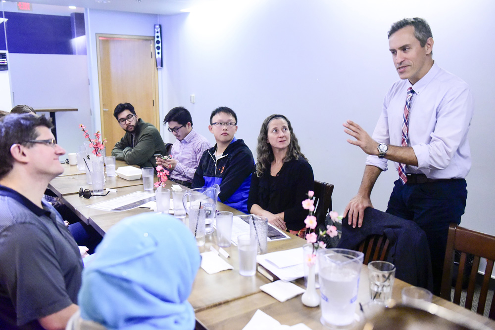 Professor Marc Cadottes speaks to award-winning science students from local high schools (Photo by Ken Jones)