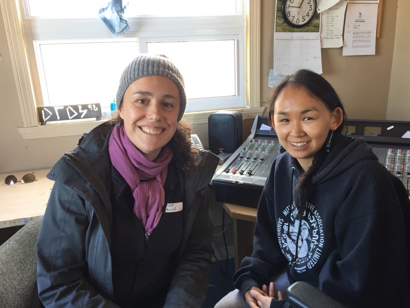 Megan Sheremata with Annie Novalinga (Community researcher associate) at the FM radio station in Umiujaq, Nunavik
