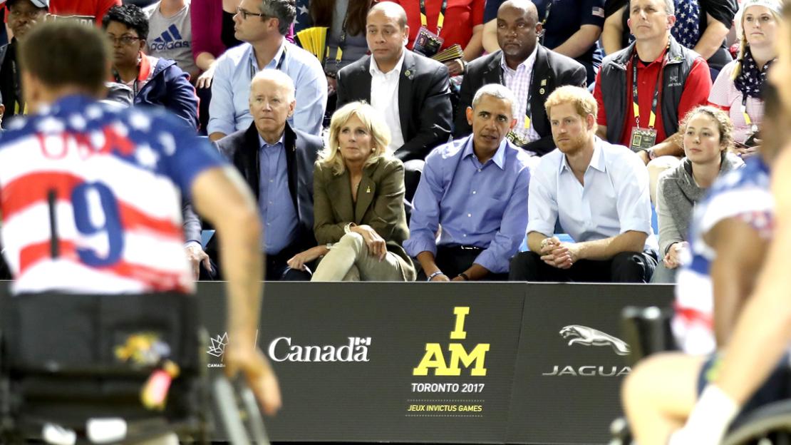 Former U.S. President Barack Obama, Prince Harry, former VP Joe Biden and his wife Jill watch wheelchair basketball at the Toronto Pan Am Sports Centre at U of T Scarborough (photo by Chris Jackson/Getty Images for the Invictus Games Foundation )