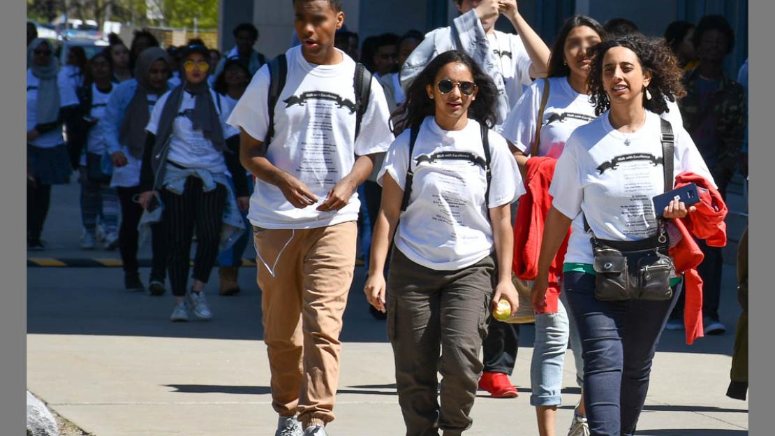 Students and staff walked from West Hill Collegiate Institute to U of T Scarborough to conclude a day of festivities focused on honouring local Grade 12 students. (Photo by Raquel Russell)