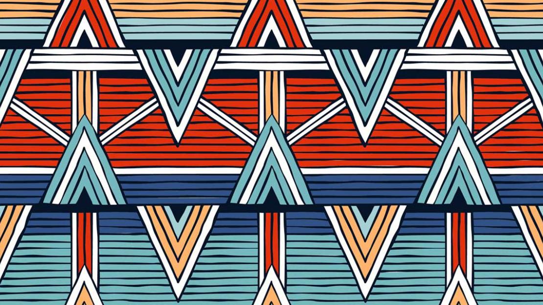 Bold pattern made up of the colours red, teal, blue and white.