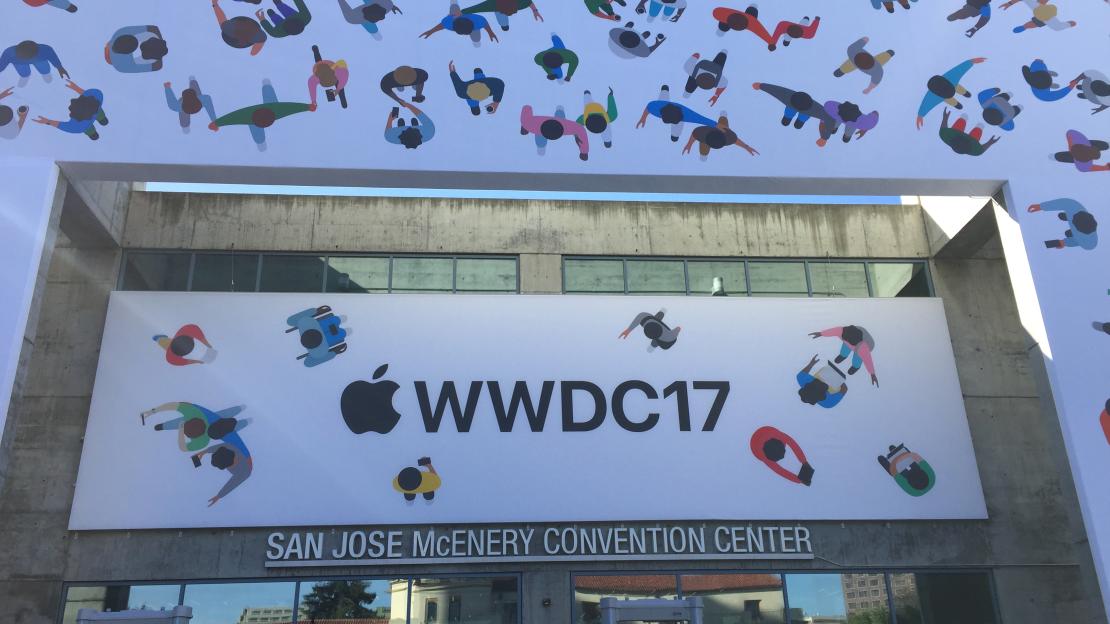 The front entrance to the San Jose Convention Center in San Jose, California, United States, during the 2017 Apple Worldwide Developers Conference. The Lin Utzon tile mural adorning the entrance has been wrapped in WWDC brand artwork. (Photo by Minh Nguyen)