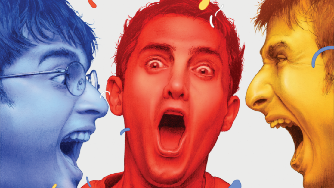 The three main characters of 3 idiots, close up of their faces highlighted in blue, red, and yellow. They are screaming.