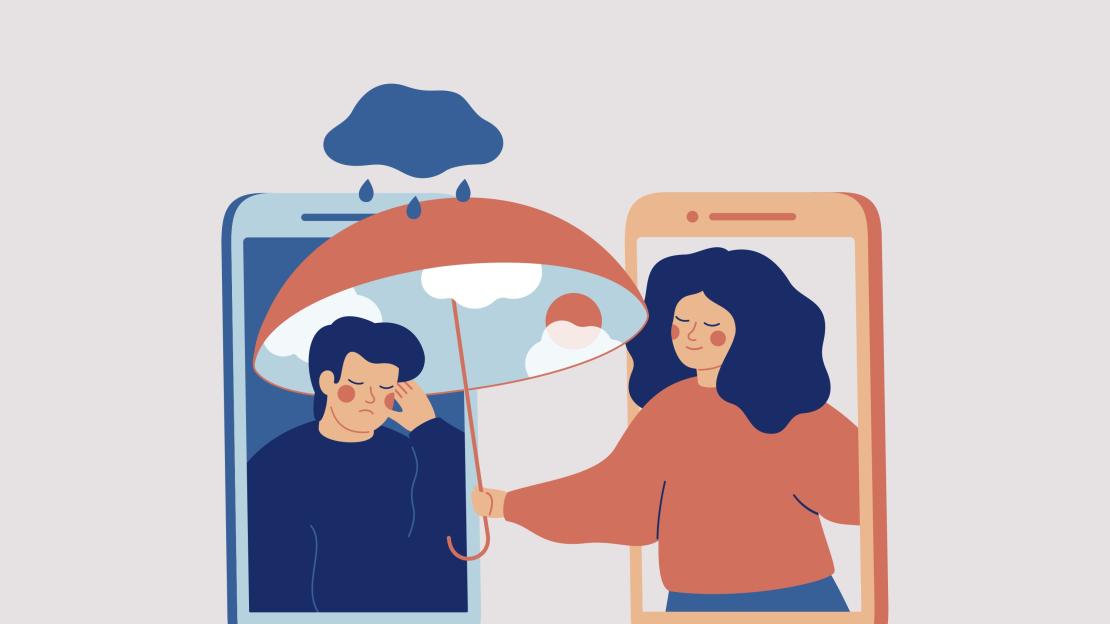 A cartoon image of a person in a phone holding an umbrella over another person in a phone.