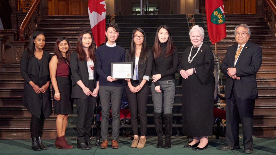 U of T Scarborough students receiving Ontario Heritage award from Lt-Gov. Elizabeth Dowdeswell