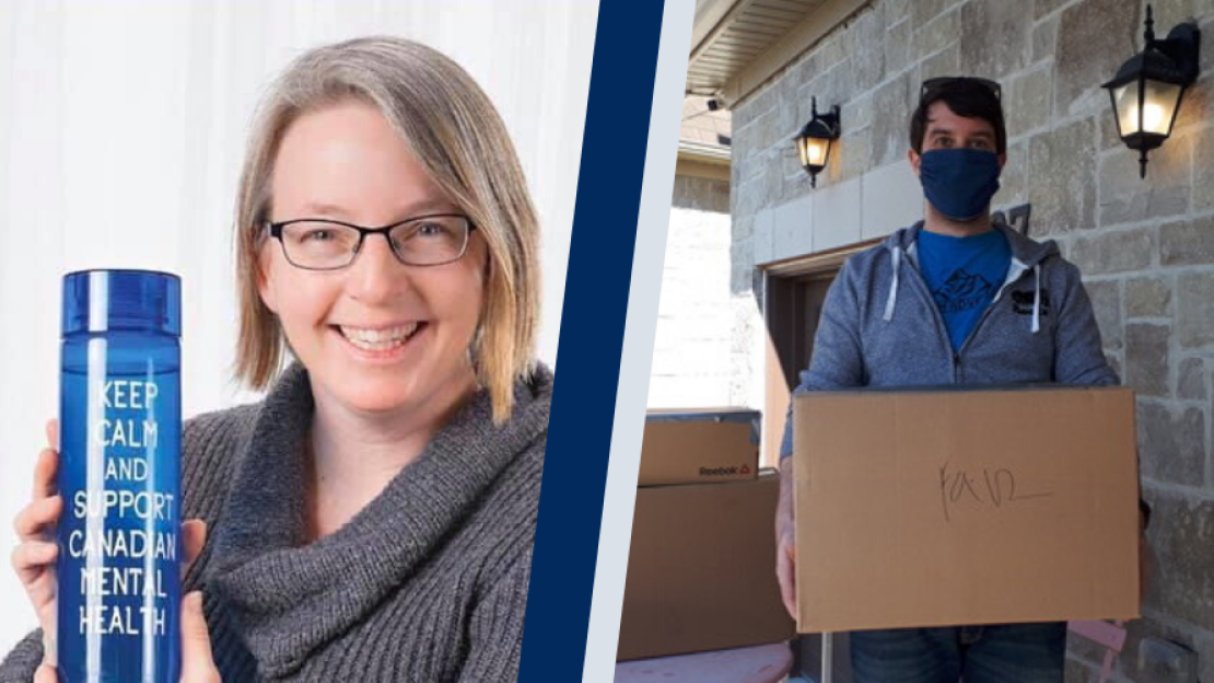 a woman holding a canadian mental health water bottle, a man holding a box full of PPE masks