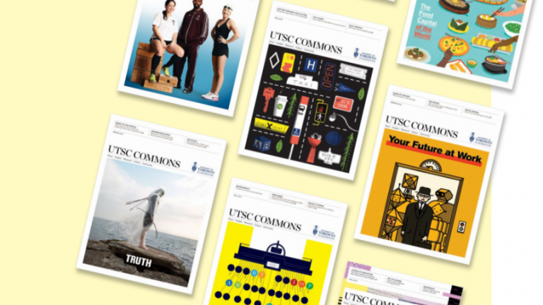 various former UTSC Commons Magazine covers are seen laid out