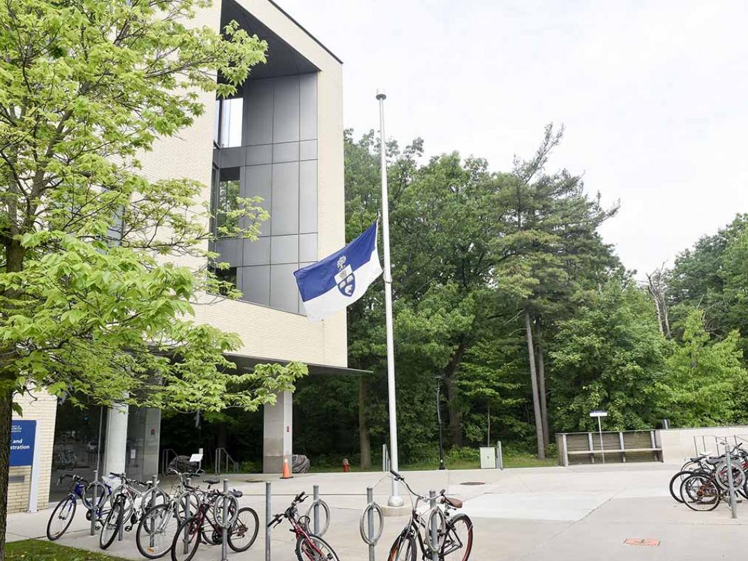 The U of T flag flies half-mast at University of Toronto Scarborough on Friday