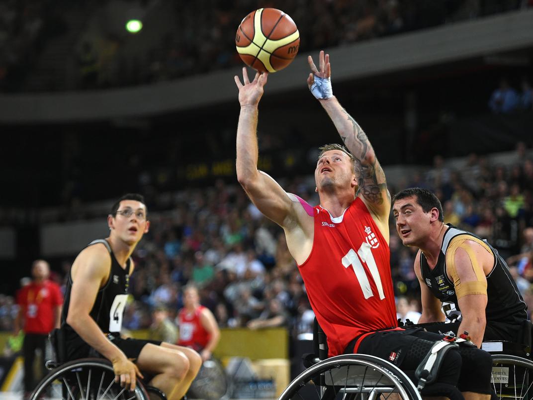 LONDON, ENGLAND - SEPTEMBER 13: Player of Denmark during the Wheelchair Basketball match at Olympic Park on September 13, 2014 in London, England. (Photo by Tom Dulat/Getty Images for Invictus Games)