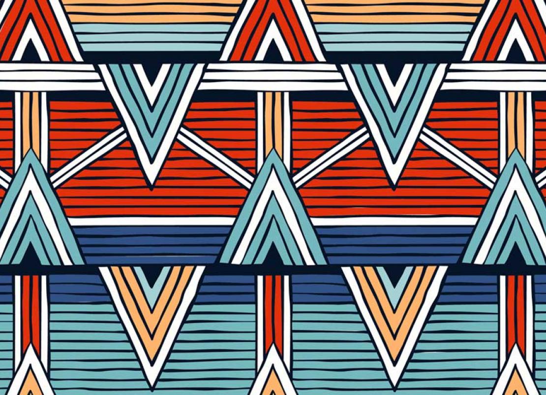 Bold pattern made up of the colours red, teal, blue and white.