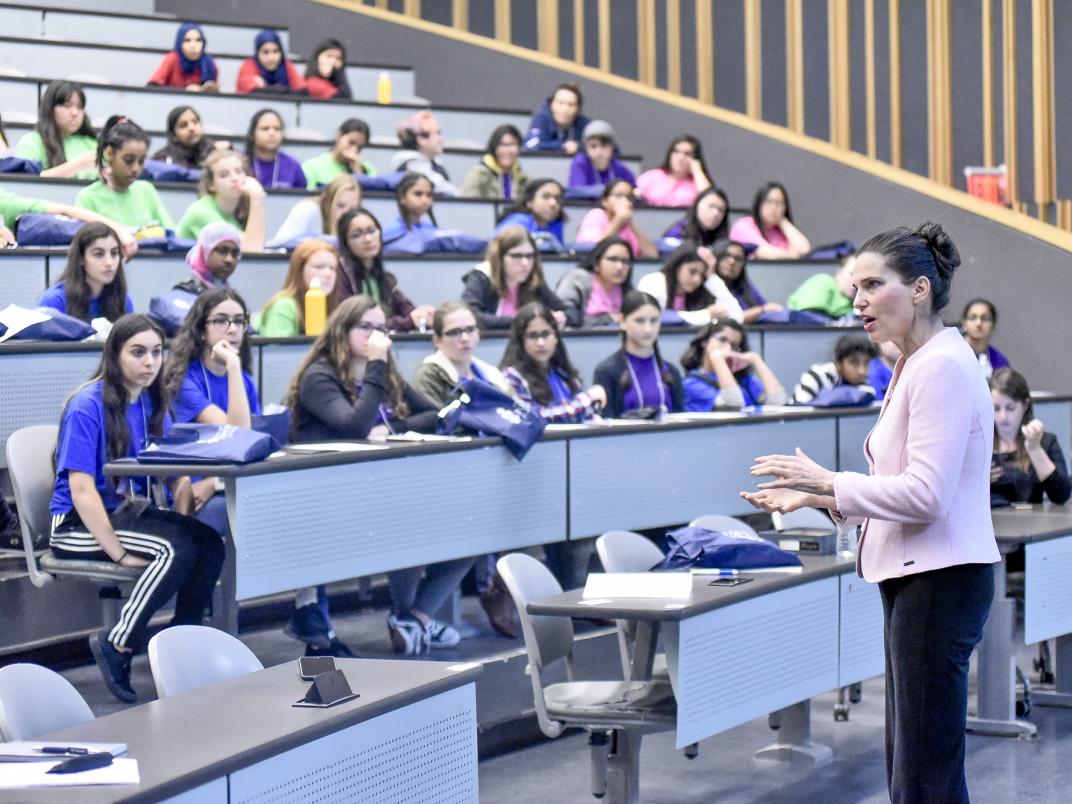 Kirsty Duncan addressing students at Math in Motion...Girls in Gear 2017 (Photo by Ken Jones)