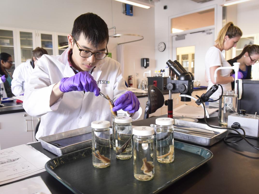 Students work in an environmental science lab.