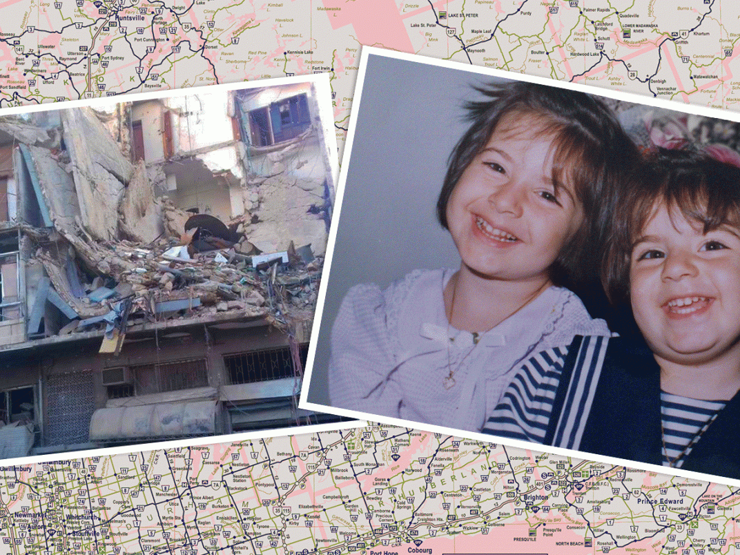 Carly and Annie as toddlers to the right and University of Aleppo destroyed to the left