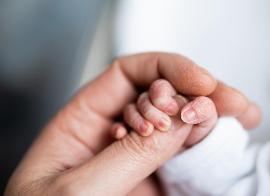 A baby hand being held by an adult hand