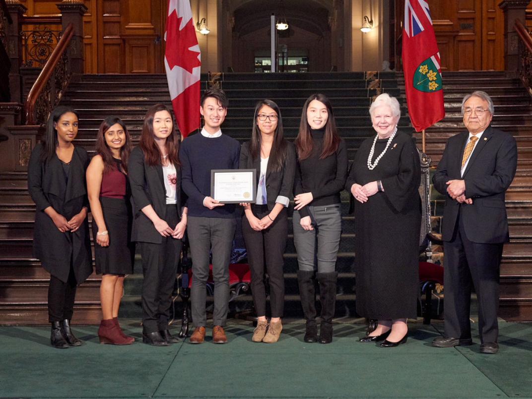 U of T Scarborough students receiving Ontario Heritage award from Lt-Gov. Elizabeth Dowdeswell