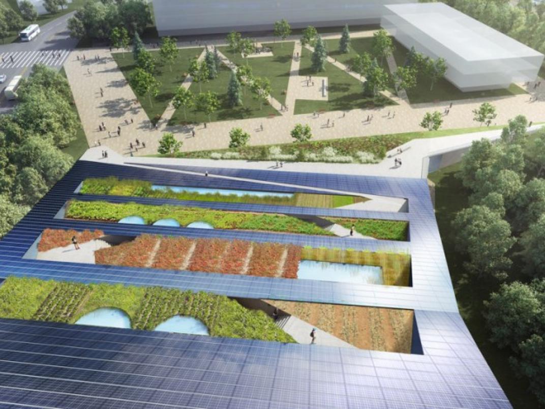 A rending of a proposed net-zero vertical farm, part of the EaRTH District economic development cluster.