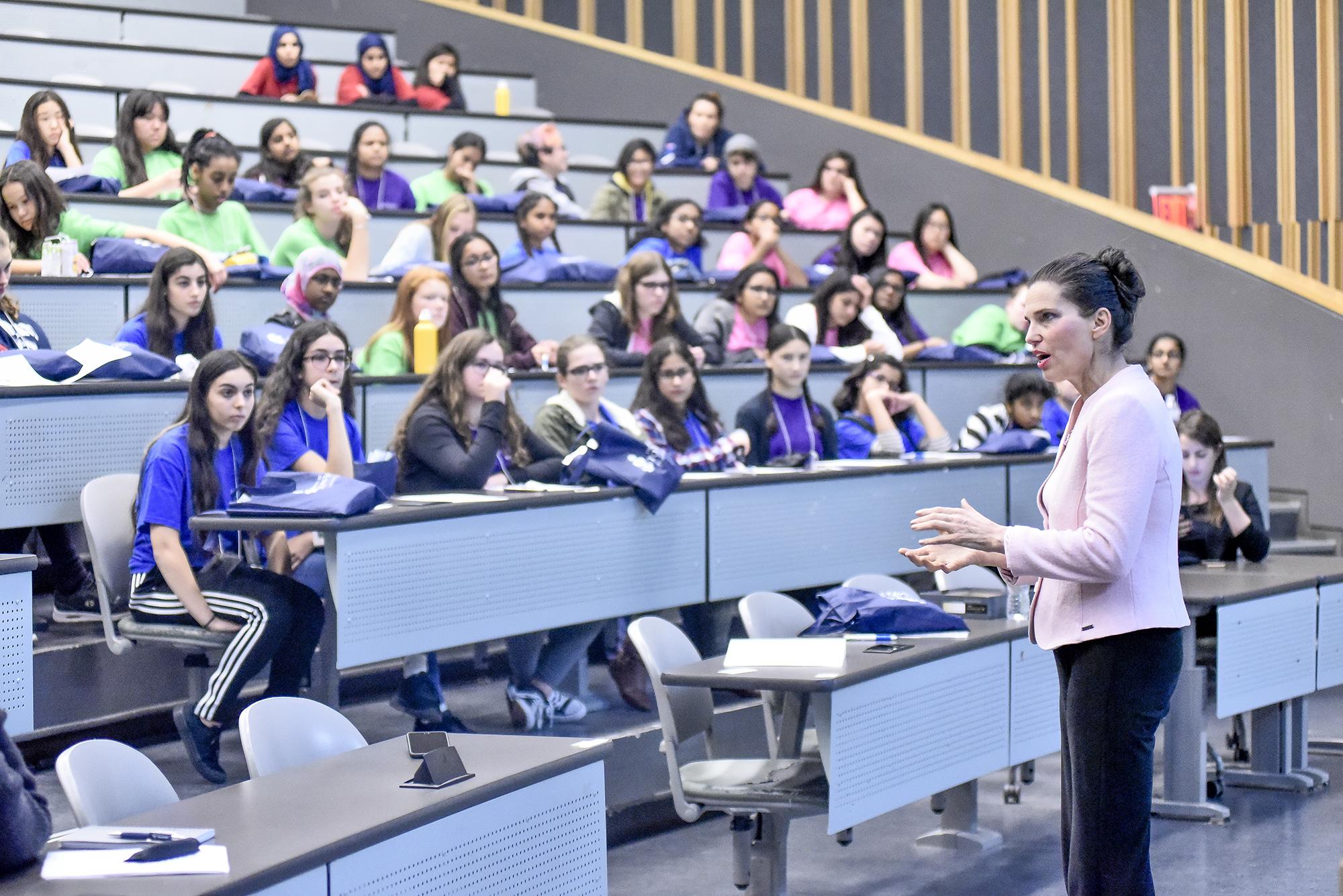 Kirsty Duncan addressing students at Math in Motion...Girls in Gear 2017 (Photo by Ken Jones)