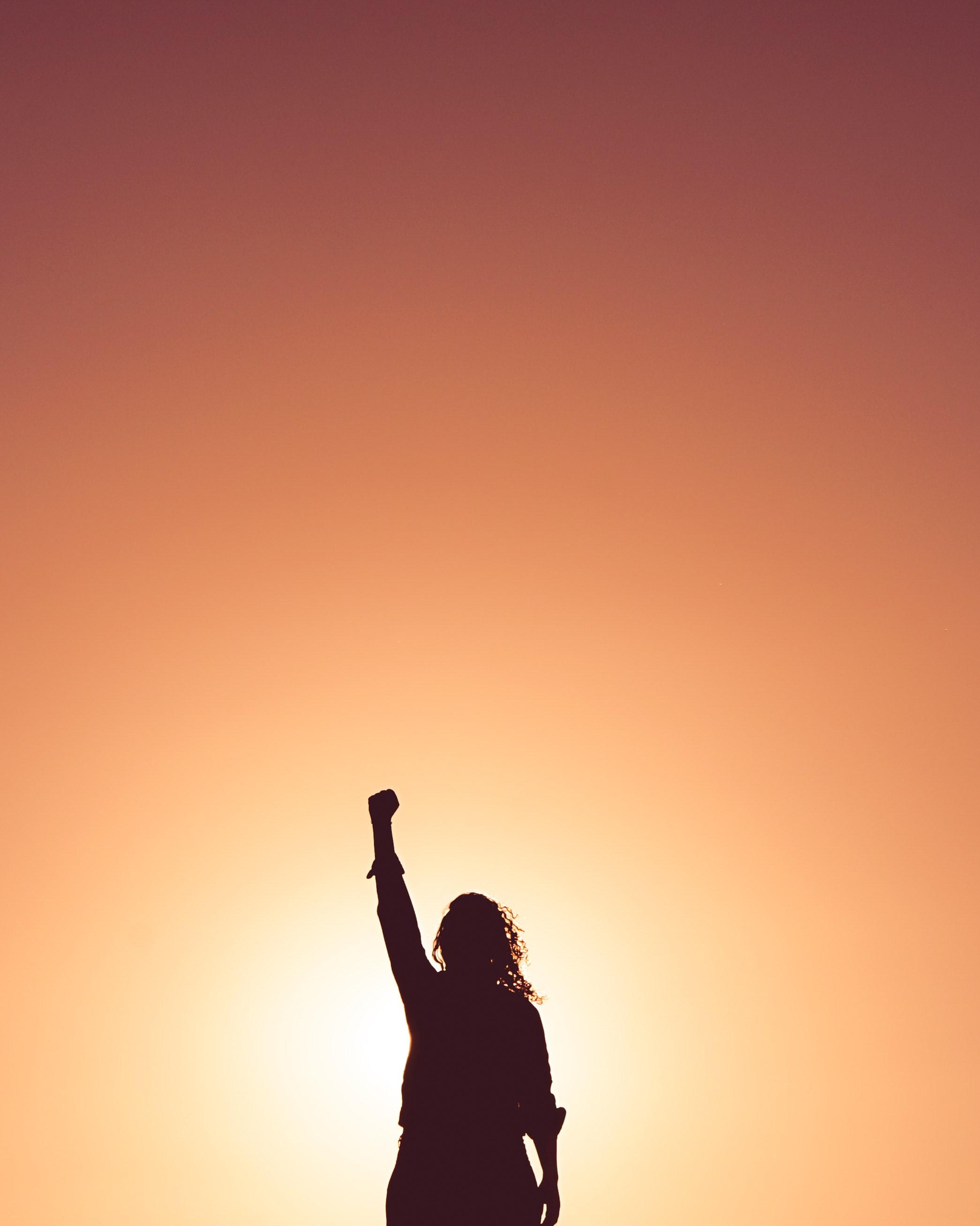 The silhouette of a woman standing with her fist in the air, backlit by a sunset