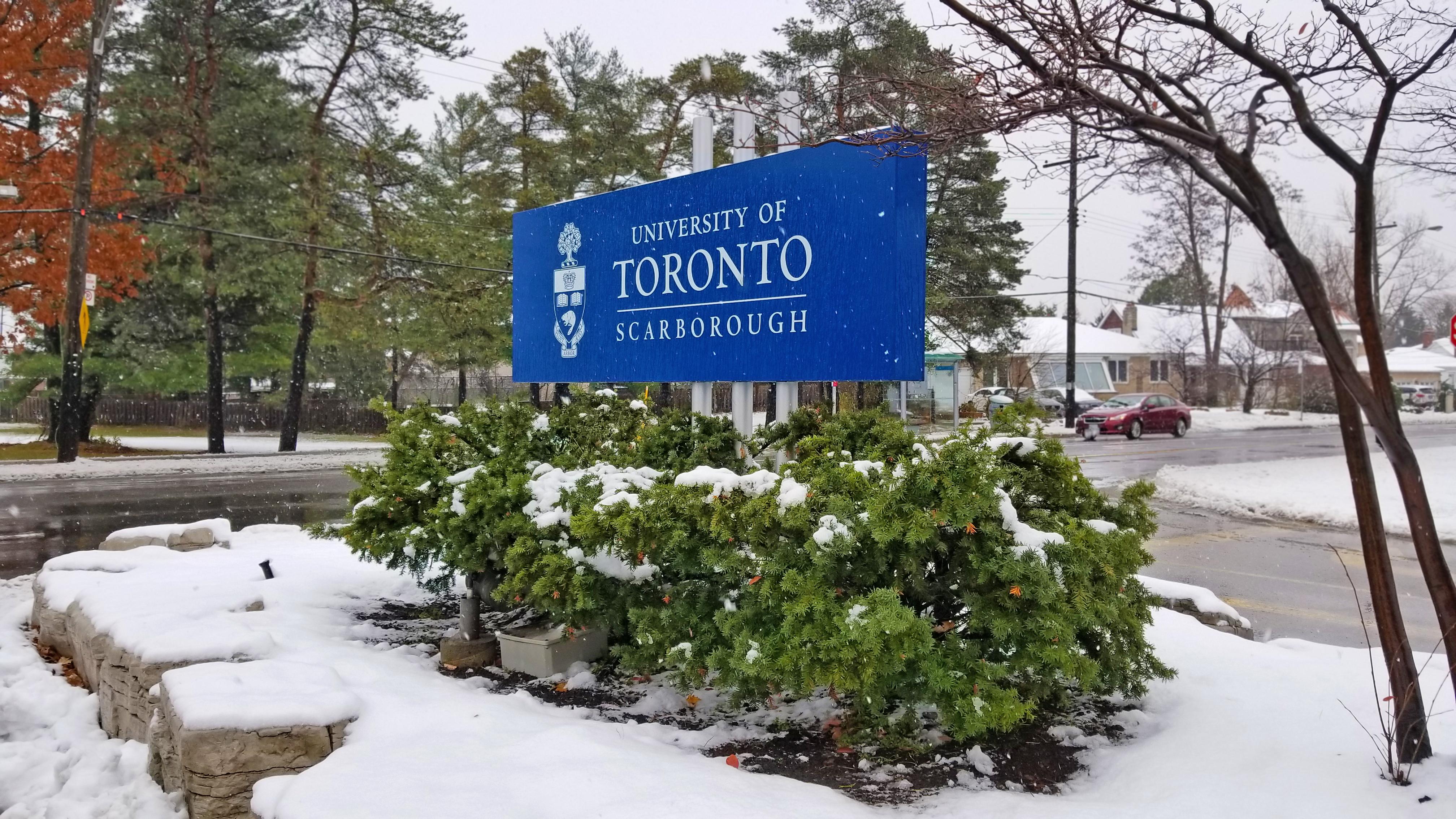 A sign with the University of Toronto Scarborough crest during a snowfall.